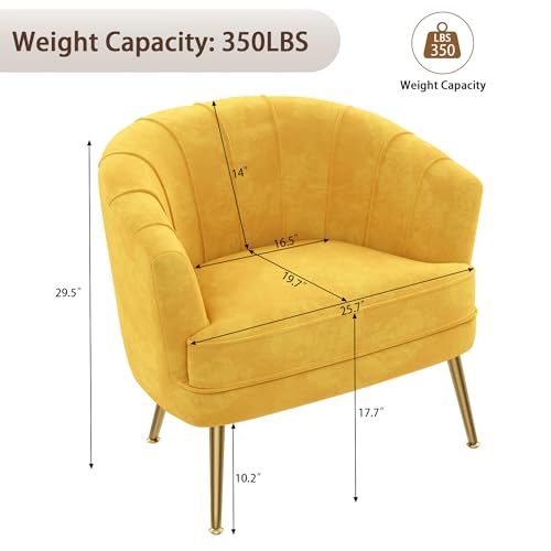 Velvet Accent Chair, Barrel Armchair, Yellow | Velvet Upholstery, Golden Metal Legs, Comfy Barrel Back, Modern Style, Living Room Bedroom Office - color: Yellow, size: 1 Chair