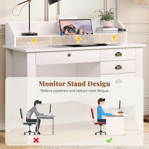 4 EVER WINNER White Desk with Drawers, 47'' Small Desk with File Drawer for Small Spaces, Wood Computer Desk with Monitor Stand for Home Office, Bedroom, White - color: White