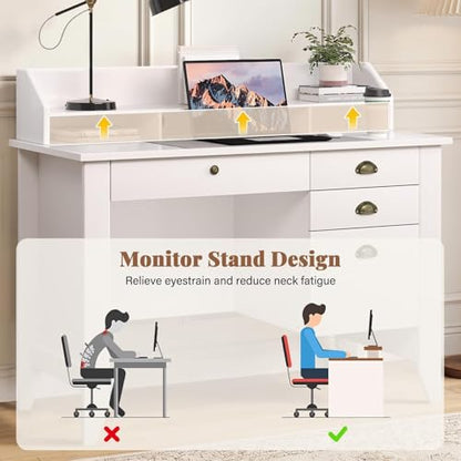 4 EVER WINNER White Desk with Drawers, 47'' Small Desk with File Drawer for Small Spaces, Wood Computer Desk with Monitor Stand for Home Office, Bedroom, White - color: White