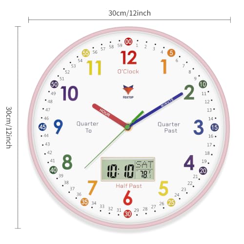 Foxtop Digital and Analog Learning Clock for Kids -Teaching Clock 12" Pink | Silent Non-Ticking, Battery Operated, for Kids Room Playroom Nursery Classroom School - color: Pink, size: 12 Inch