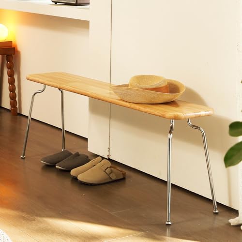 Modern Wooden Bench Indoor, Solid Wood Long Bench with Stainless Steel Legs for Dining Room, Entryway, Bedroom - 47.2" Long Entryway Benches for Farmhouse, Kitchen, Living Room - color: Natural Wood, size: 47.2"L x 10"W x 17.7"H