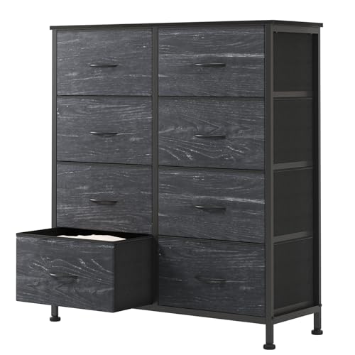 Sweetcrispy 8 Drawer Fabric Dresser for Bedroom, Tall Dresser, Black Wood | Chest of Drawers with Sturdy Steel Frame and Wooden Top, Storage Organizer with Easy Pull Handles - color: Black Wood Grain, size: 11.8"D x 30.9"W x 36.4"H (8 Drawers)
