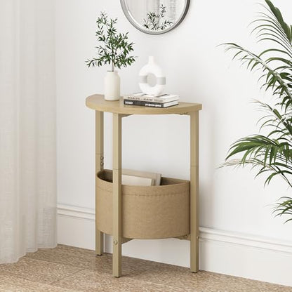 Small Round Side Table End Table, Tall Accent Table with Storage Basket, Set of 2 Half Round Tables Half Moon Tables, Coffee Bedside Tables, Modern Nightstand for Living Room Bedroom,Natural - color: Natural Walnut