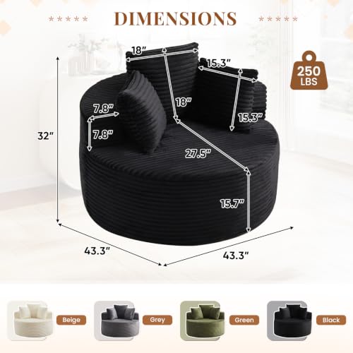 Round Chaise Lounge Chair Indoor, 43" Corduroy Circle Single Cloud Reading Chairs Modern Upholstered Boneless Sofa for Living Room, Bedroom Apartment, Black - color: Black, style: 43"Corduroy