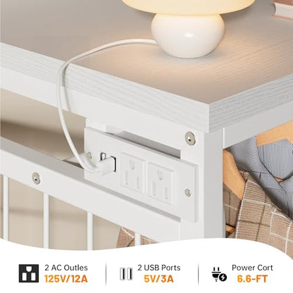 EnHomee 125cm W 드레서, 걸이용 랙 및 서랍 6개, 그리드 패널 및 후크 4개 포함 | LED 조명 및 충전 스테이션, 침실용 나무 상단 정리 유닛, 스틸 프레임이 있는 서랍장, 화이트 - color: 화이트.