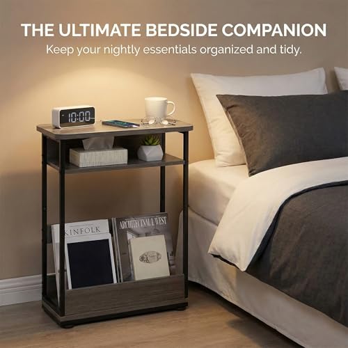 Narrow Side Table,3-Tier Slim End Table with Storage Shelf,Modern Sofa Table Thin Side Table for Narrow and Small Spaces, Skinny Bedside Table Small Nightstand with Magazine Rack Space Saving/Grey - color: Grey