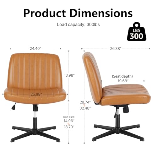 DUMOS Criss Cross Chair No Wheel Legged Office Wide Comfy Desk Vanity Chair, Armless Computer Task Seating PU Leather, Swivel Home Height Adjustable for Bedroom, Study, Brown No Wheel - color: Brown No Wheel