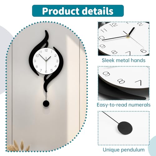 Modern Wall Clocks Battery Operated Large Decorative Wall Clock | Analog Silent Non-Ticking Black Iron Pendulum Clock for Living Room Kitchen Bedroom Farmhouse Office Decor 12.5x27.5inch - size: 12x27 in