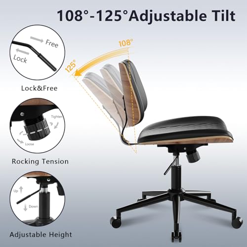 Modern Armless Office Chair with Wheels, Wide Seat Walnut, Black | Adjustable Swivel Desk Chair with Mid Back & Tilt Function, Faux PU Leather Mid Century Modern Task Office Chair, 300LBS Cap - color: Black, size: MCM Style Wide Seat