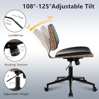 Modern Armless Office Chair with Wheels, Wide Seat Walnut, Black | Adjustable Swivel Desk Chair with Mid Back & Tilt Function, Faux PU Leather Mid Century Modern Task Office Chair, 300LBS Cap - color: Black, size: MCM Style Wide Seat