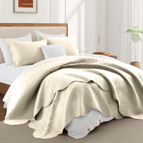 MOONLIGHT20015 Queen Quilt Bedding Set Size (90" x 96") + 2 Pillow Shams (20" x 26"+ 2") - 3 Pcs All Season Lightweight Reversible Microfiber Coverlet Embossed Quilt Bedspread (Cream) - color: Cream, size: Full/Queen