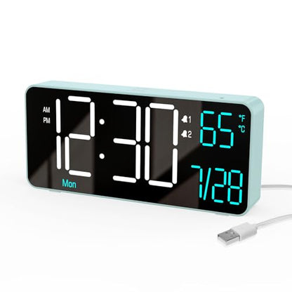 Digital Alarm Clock for Bedroom, 6.7in Desk Clock LED, Auto Dimming, Room Temperature, Day of The Week, Date, Seconds, Clocks for Living Room, Alarm Clocks for Bedrooms - color: Blue (White + Blue Digits)