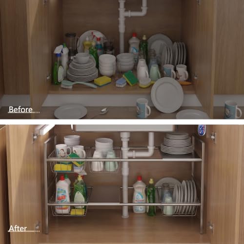 Under-Sink Organizer 2-Tier Expandable Cabinet Storage (5 panels 5baskets) | LED Motion-Sensing Auxiliary Lighting Dial Thermometer Stainless Steel Telescopic & Adjustable Rust-Resistant - size: 5 panels 5baskets