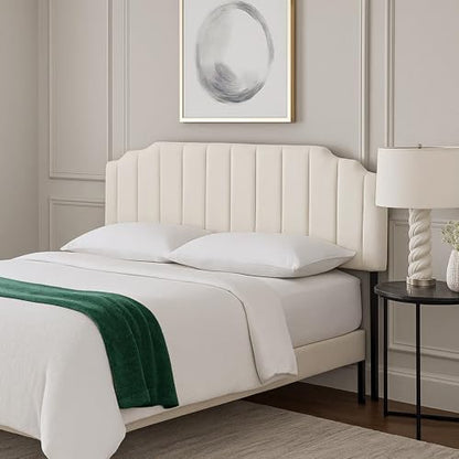 Upholstered Headboard Adjustable Height Queen/King Headboard Cream Velvet Tufted Modern Vertical Channel Design with Stepped Silhouette Top Edge(Beige Twin) - color: Beige, size: Twin