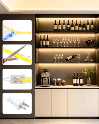 Warm White Under Shelf Lights Strip with Hand-Sweep On/Off 32.8FT 12V 3000K | 2 Rolls of 16.4ft 100W,Self-Adhesive Dimmable COB LED Strips Light,Cuttable DIY Shelf Lighting for Bookshelf Pantry Closet - color: Warm White, size: 10M