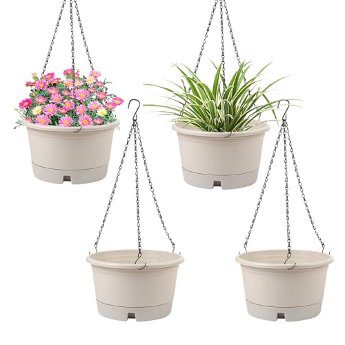 4 Pack 10 Inch Plastic Hanging Baskets with Removable Trays & 15.7" Chain | Modern Hanging Pots for Plants, Indoor & Outdoor Hanging Plant Holder for Home Garden Porch Balcony Patio Decor (Beige) - color: Beige, size: 10 Inch - 4 Pack