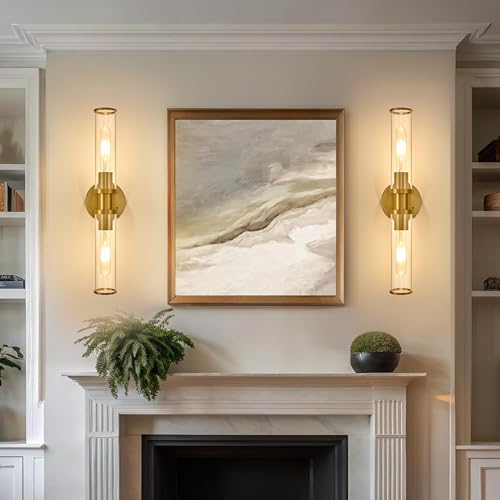8000mAh Wireless Wall Sconces with Remote Control 3000K, Gold, 20.5 Inch | Battery Operated Wall Sconce Set of 2 with Timer, Rechargeable Dimmable Wall Lights for Living Room Bedroom Hallway Entryway - color: Gold(Clear Tubular Lampshade)