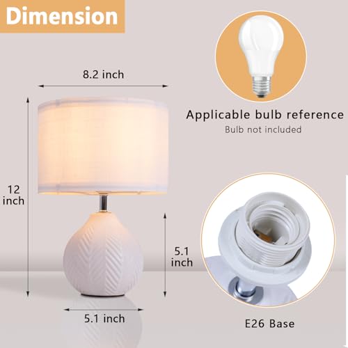 SOTTAE 12'' White Ceramic Table Lamp, Leaf Patterned Ceramic Desk Lamp Small Bedside Lamp with Linen Shade, Mid Century Modern Nightstand Lamp for Bedroom Living Room Reading Room