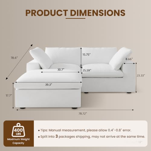 79" Cloud Modular Sofa, Convertible Modular Loveseat Couch with Storage Ottoman, Cotton Linen Fabric Sofa for Living Room, Apartment and Bedroom, Removable Covers, 2 Pillows, White - color: White, size: LoveSeat+1 Ottoman