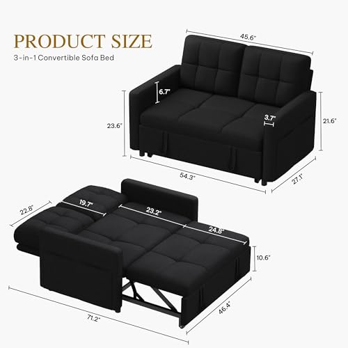 YITAHOME 55" Convertible Sofa Bed | 3-in-1 Sleeper Sofa with Iron Frame Pull-Out Bed, Linen Futon Couch with Reclining Backrest and Side Pocket, Modern Loveseat - color: Black, size: 71.2 x 46.4in