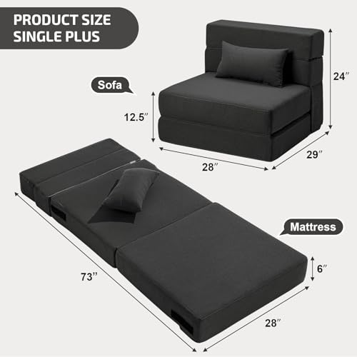 SUYOLS Folding Sofa Bed with Pillow- Convertible Chair Floor Couch & Sleeping Mattress, Foldable Memory Foam Sleeper for Living Room/Dorm/Guest Room/Home Office/Apartment/Loft, Single28, Dark Gray - color: Dark Gray, size: Single(28" Width)