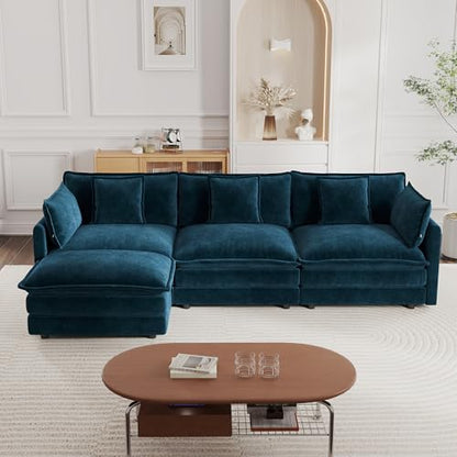 Modular Sectional Sofa, 111.5 Inch L Shaped Couch Set for Living Room, 3-Seater Comfy Cloud Couches with Movable Ottoman, DIY Combination, Chenille, Blue - color: Blue, size: 111.5 Inch- L