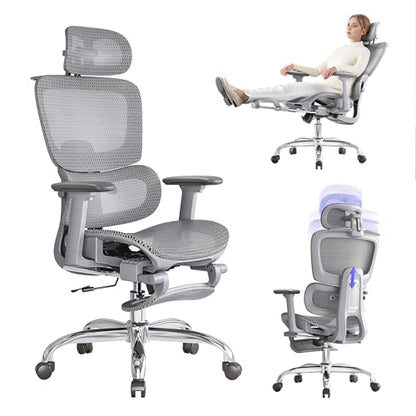 Office Chair with Footrest, Ergonomic Chair with 3D Headrest, Computer Chair with Adjustable Backrest & 3D Armrest, Gaming Chair with Adaptive Lumbar Support, Mesh Backrest & Cushion, Grey - color: Grey, style: Lite