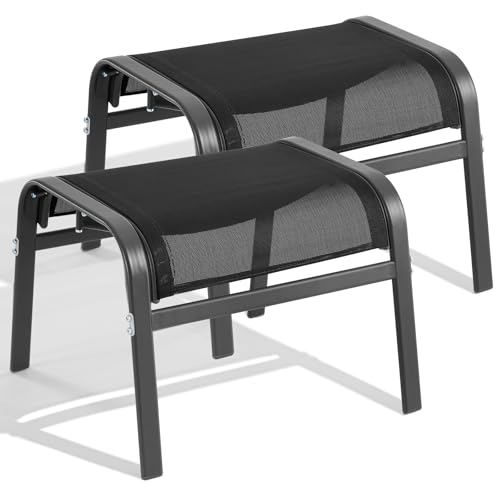 Outdoor Ottoman Set of 2, Oversized Outdoor Foot Rest, Black | Stackable, All Weather Outdoor Foot Stool, Supportive Textliene, Metal Frame, Patio Garden Pool Furniture - color: Black
