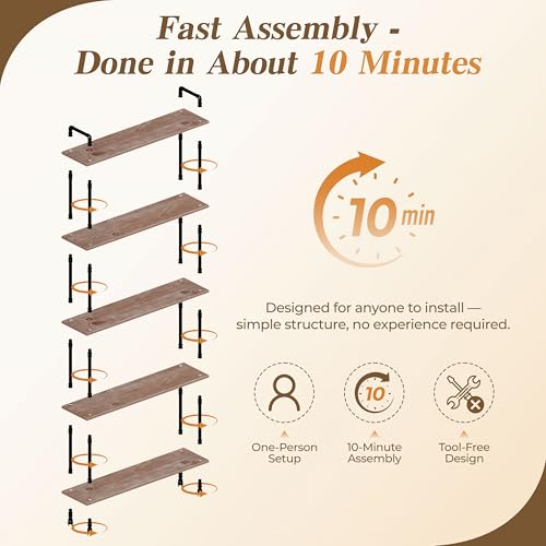 Industrial Bookshelf, Pipe Shelf Bookcase, 5 Tier, 48" Weathered Brown | Solid pine shelves, 48 inch wide, black pipe frame, 50 lbs per shelf, open bookcase for books, plants, office - color: Weathered Brown, size: 48"L × 70"H