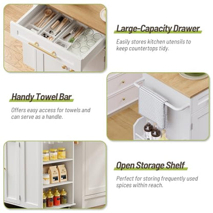 Kitchen Island with Storage, Rolling Kitchen Table with Drop Leaf, Charging Station, 3 Open Adjustable Shelf & Drawer, Towel Rack, Mobile Kitchen Cart for Dining Room, White and Natural - color: White + Natural