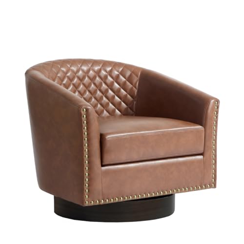 Faux Leather Swivel Accent Chair, Modern Barrel Club Armchair, Brown | Comfy Living Room Chair, Modern Nailhead Trim Round Armchair Bedroom Reading Seat with Removable Cushion, Wood Frame - color: Retro Brown