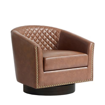 Faux Leather Swivel Accent Chair, Modern Barrel Club Armchair, Brown | Comfy Living Room Chair, Modern Nailhead Trim Round Armchair Bedroom Reading Seat with Removable Cushion, Wood Frame - color: Retro Brown