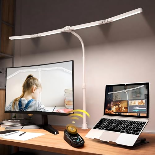 Adjustable LED Desk Lamp with Clamp, 4-Head Eye-Caring CRI95+ Desk Light, Stepless Dimming & Color Temp Remote Control, Flexible Neck, 5-Mode for Reading, Computer, Crafting, 90" Wide Desk Coverage - color: White
