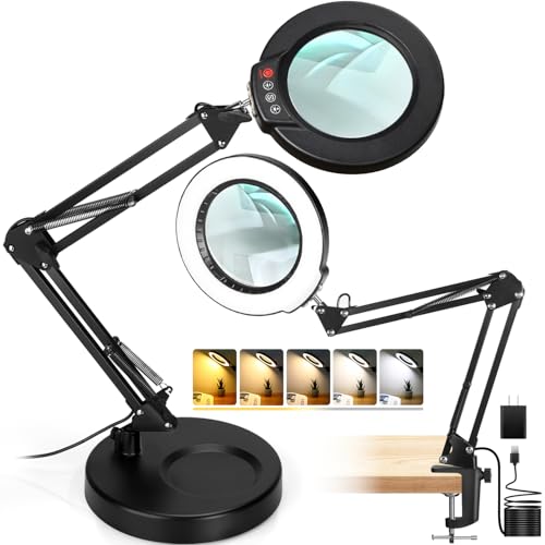12X Magnifying Glass with Light and Stand, Real Glass, 5 Color Modes, Brightness Stepless Dimmable Lighted Magnifier Hands Free, 2-in-1 Desk Lamp & Clamp Light, Magnifier Lamp for Close Work, Reading - color: Black, size: 12X 17.8inch Base & Clamp