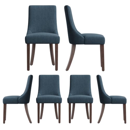 MALOL Wooden Dining Chairs Set of 6, Upholstered Kitchen & Dining Room Chairs with Solid Wood Legs Curved Backrest Farmhouse Accent Chair for Dining/Kitchen/Living Room, Blue - color: Blue, size: Set of 6