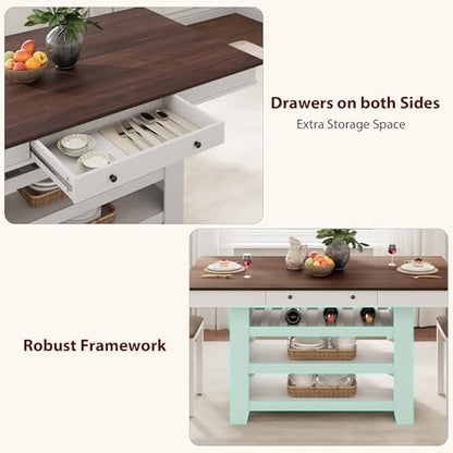 Farmhouse Dining Counter Height Table with Wine Rack & 3 Shelves, 36" Wooden Tall Dining Table with 2 Drawers, Thick Frame Counter Height Kitchen Table for Entertaining, Retro White Brown - color: Retro White Brown