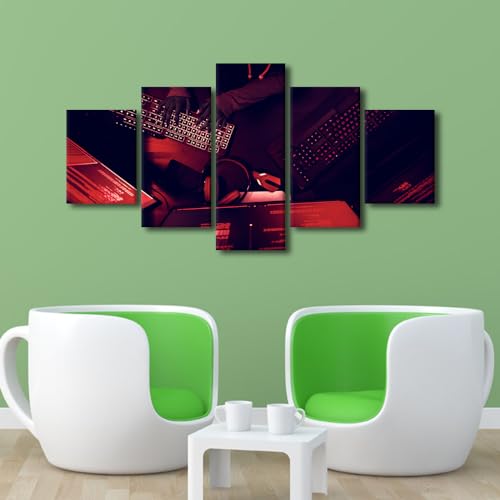 Hacker Working on Computer Wall Art Cyber Crime Wall Decoration for Living Room Data Protection Digitalsecurity Wall Paintings 5 Pcs Canvas Home Decor Artwork Wooden Framed Ready to Hang (60"Wx32"H) - color: Artwork-06, size: 60"Wx32"H