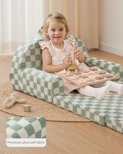 Blissful Diary Kids Couch, 2-in-1 Soft Kids Sofa, Kids Sofa Chair, Comfy Kids Furniture for Playroom, Reading & Play, Checkered Sage - color: Checkered Sage