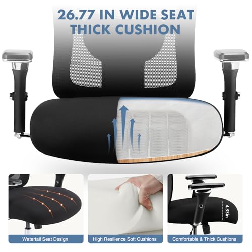 DUMOS Big and Tall Office Desk Chair, 500lbs Heavy Duty Mesh Chair | Ergonomic 4D Armrest, Comfortable Lumbar Support, Wide Seat, 360° Swivel Rolling Wheels, Adult, Black - color: Black