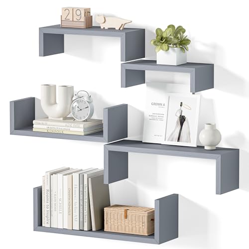 SRIWATANA Weathered Gray Floating Shelves, Set of 5 Wood Wall Shelves | Versatile Wood Shelves in 5 Different Sizes; Flexible DIY Layout to Fit Any Space in Bathroom, Bedroom, or Kitchen - color: Weathered Grey