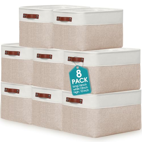 Uiifan 8 Pack 16 x 12 x 10 Inch Large Storage Baskets Collapsible Fabric Storage Cubes Bins with Handles for Shelves Closets Nursery Home Clothes Toys Organizers, Beige - color: Beige, size: 16 x 12 x 10 Inch