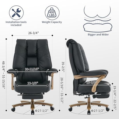 EXCEBET Big and Tall Executive Office Chair with Footrest, 400LBS Capacity Ergonomic High-Back Desk Office Chair with Lumbar Support, Padded Armrests & Thick Cushion, Black PU Leather Chairs - color: Black