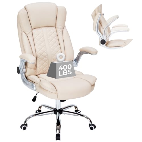 400lbs Executive Office Chair with Flip-Up Armrests, Big and Tall Computer Chair for Heavy People, Heavy Duty Ergonomic Comfy Chair, Breathable PU Leather (Cream) - color: Cream