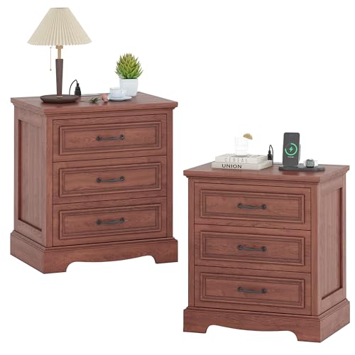 Farmhouse Nightstand Set of 2 with Charging Station&3 Drawers Cherry Brown | 21.7" W End Table for Bedroom, Wood Modern Bedside Cabinet for Living Room, Dresser for Small Place, 2pcs - color: Cherry Brown, size: 3 Drawers