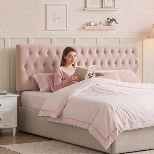 Tufted Upholstered Full Size Bed Headboard in Modern Button Design, Adjustable Solid Wood Head Board, Premium Velvet Fabric Padded Headboards in Bedroom (Pink) - color: Pink, size: Full