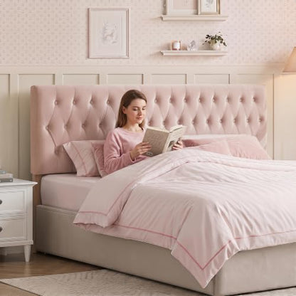 Tufted Upholstered Full Size Bed Headboard in Modern Button Design, Adjustable Solid Wood Head Board, Premium Velvet Fabric Padded Headboards in Bedroom (Pink) - color: Pink, size: Full