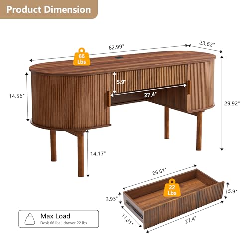 Home Office Oval Desk with Sliding Tambour Door and Drawer, Modern Fluted Wood Executive Computer Storage Desk for Study, Living Room, Bedroom, Office - Walnut - color: Walnut
