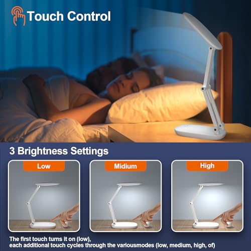 Akejrym LED Desk Lamp for Office Home & Battery Operated Lamp Rechargeable Lamp Foldable & Portable Light, [2-Fold Bracket] 3 Brightness Dimmable Small Desk Lamp Wireless Reading Lamp (White) - color: White