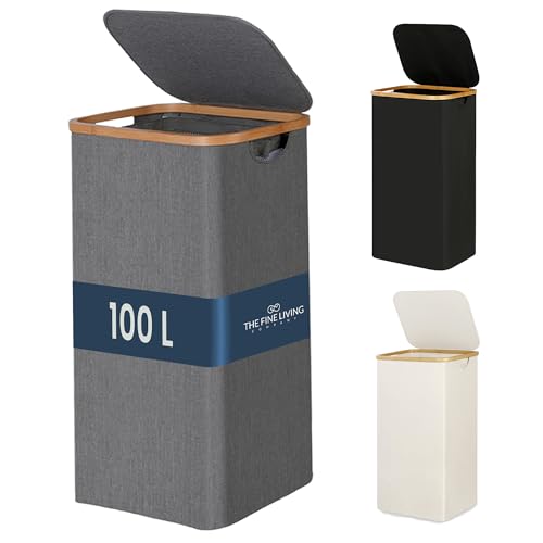 Fine Living Co.100L Large Laundry Hamper with Lid Dirty Clothes Hamper Gray | Narrow Foldable Slim Laundry Basket with Bamboo Handles, Tall Skinny Hamper for Dorm, Bathroom & Bedroom - color: Solid Gray