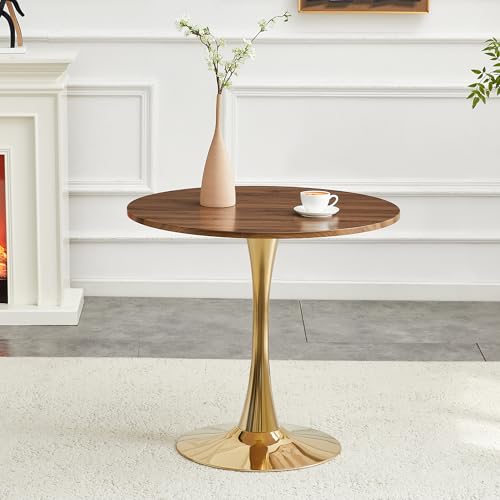 31.5" Round Dining Table, Mid-Century Modern Tulip Table with Thickened Tabletop & Metal Pedestal, Circle Bistro Table for Kitchen, Small Places, Apartments, Cafe - color: Walnut Gold, size: 31.5" dining table
